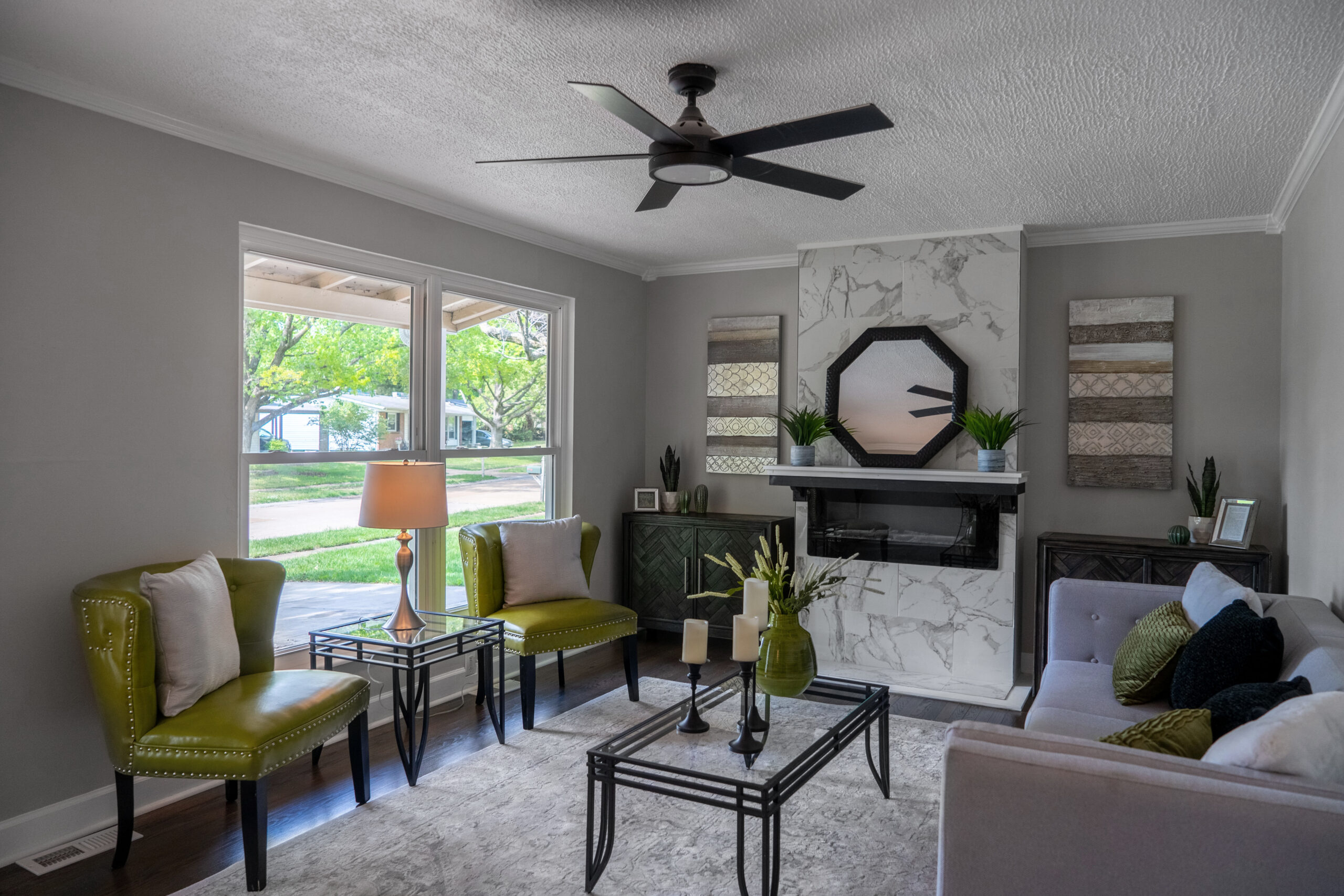 Staged living room of a home in Florissant, MO