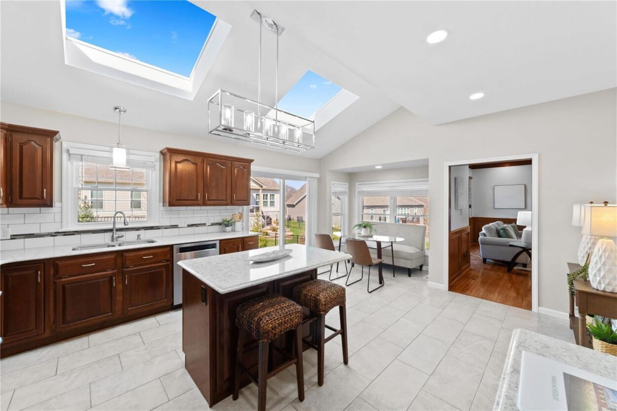 Kirkwood staged kitchen with sky panels in ceiling