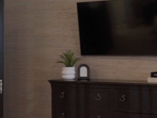 Still 2025-10-20 181133_1.12.1 Alternative view of master bedroom in a Clayton, MO home. There is a rich brown dresser drawer adorned with decorative pieces and a small green fern.