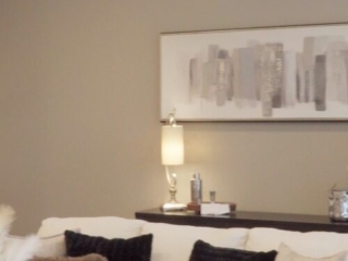 Still 2025-10-20 181133_1.8.1 Alternative view of living room in Clayton, MO, showcasing a white couch with fluffy brown fur pillows, and a beautiful art piece on the wall depicting a city skyline.